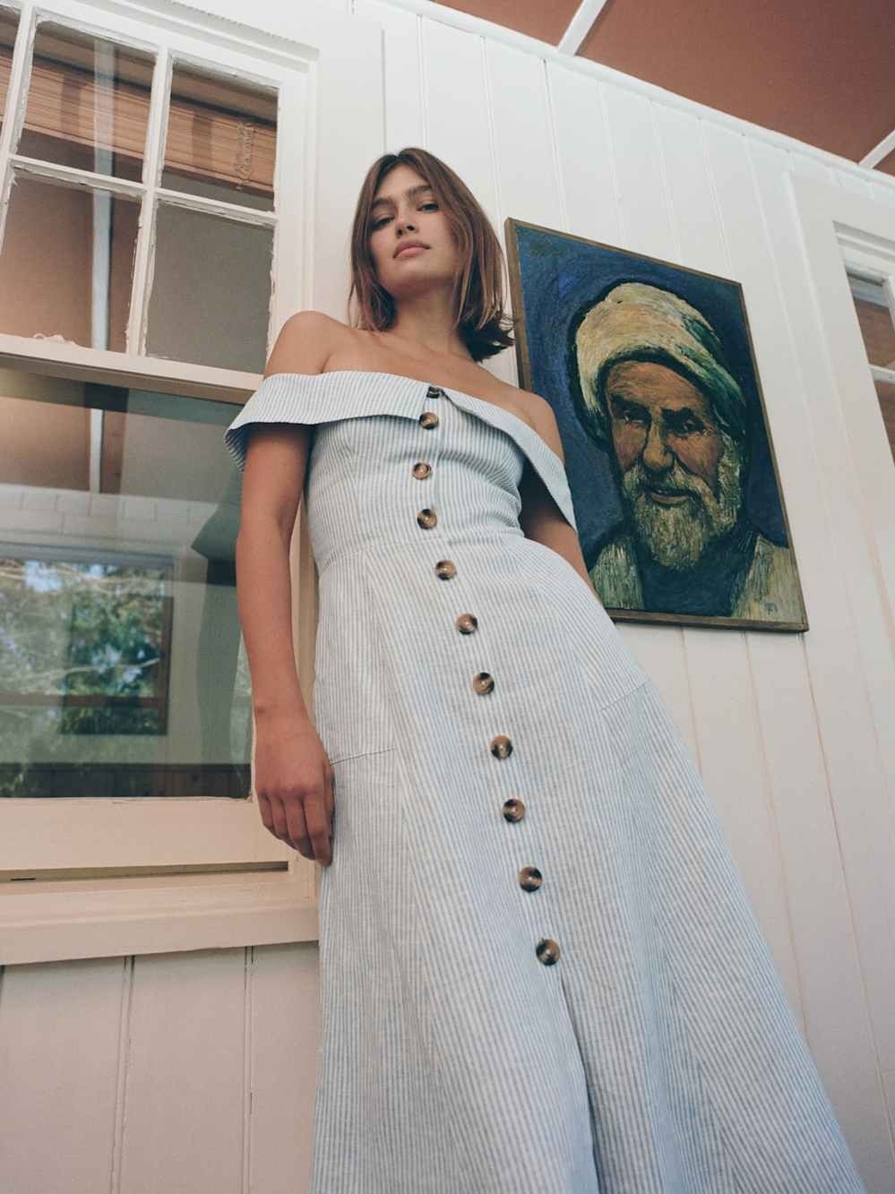 Reformation Light Blue Stripe Off-The-Shoulder Button Front Adriel Linen Dress